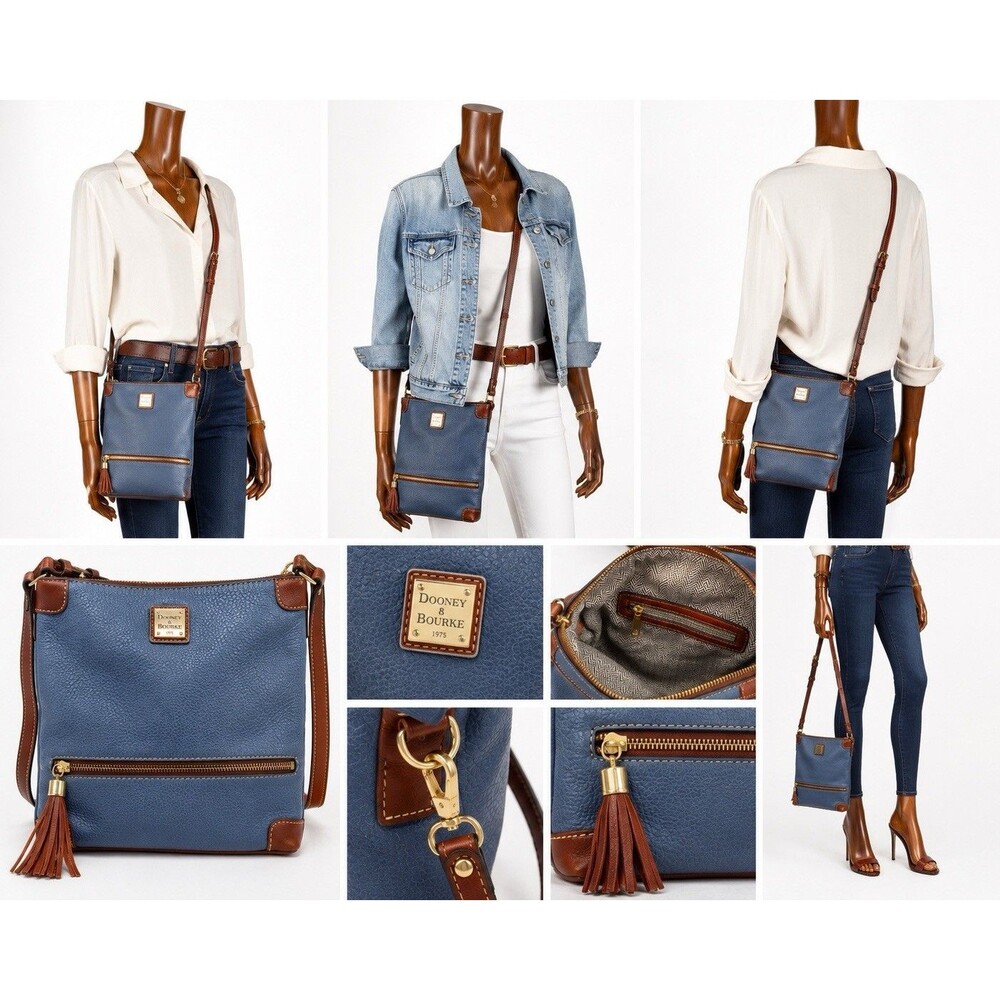 Dooney & Bourke Blue Pebble Grain Leather  Zip Pocket Crossbody Bag  Brown Trim